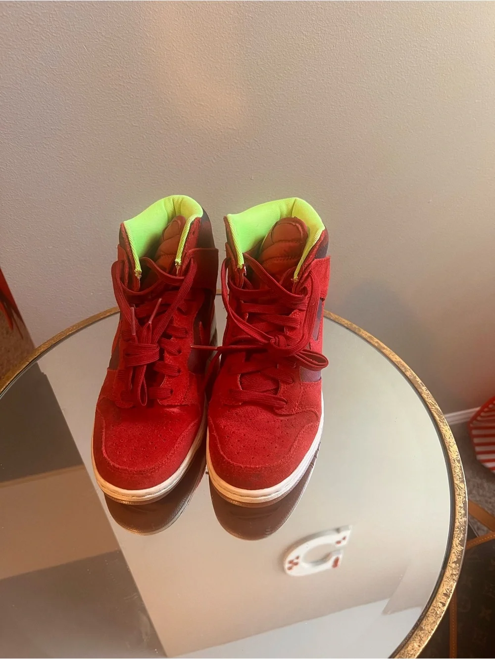 Nike Deep Red Suede High-Top Wedge Dunks with Neon Green Lining